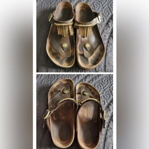 Birkenstock Gizeh Fringe Brown Metal Accents Sandals Sz 37